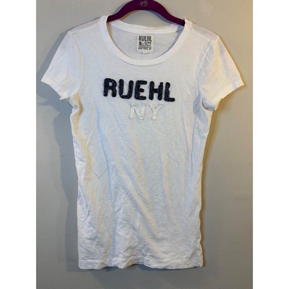 RUEHL No 925 NYโ White Spell Out Tee Shirt Cotton Babydoll Long Length